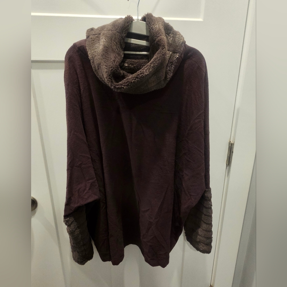 Capote Faux Fur Trim Tunic Top Brown Cowl Neck Pullover Sweater Medium Cozy Luxe